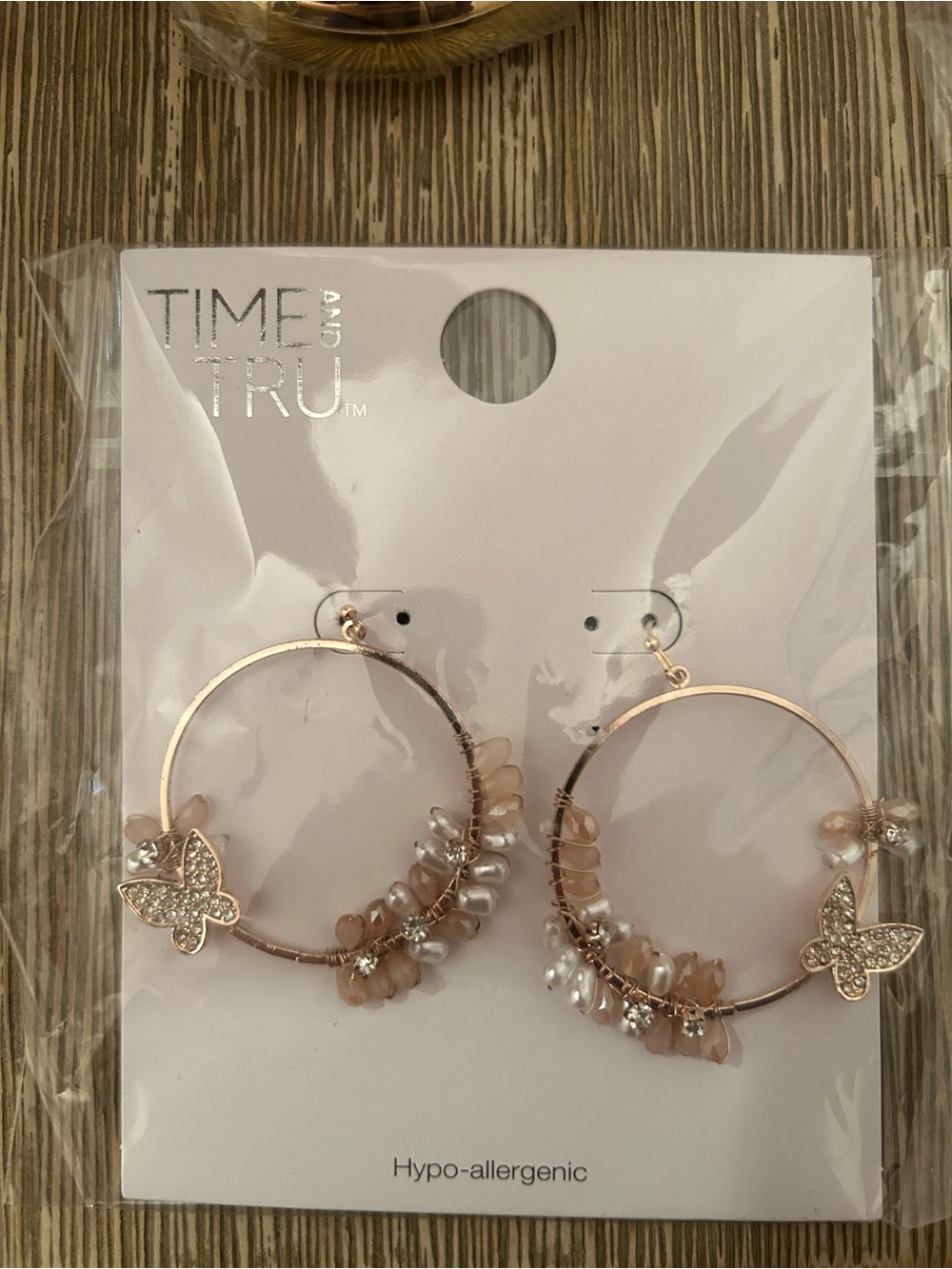 Time and Tru Rose Gold Hoop Earrings with Pearls and Butterfly Accent